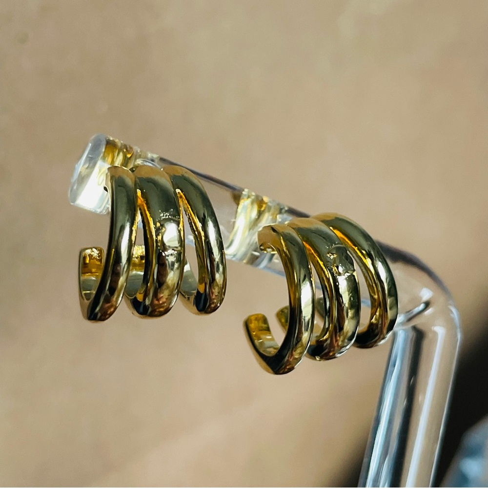 +TOUS S925 Gold Overly Silver Bear Mini Three Hoops Pin Earrings
